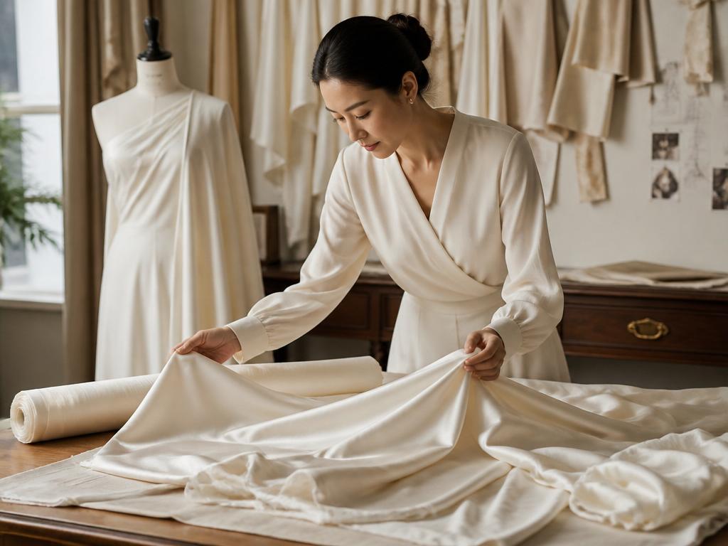 East Asian designer draping silk fabric in the RYncess atelier