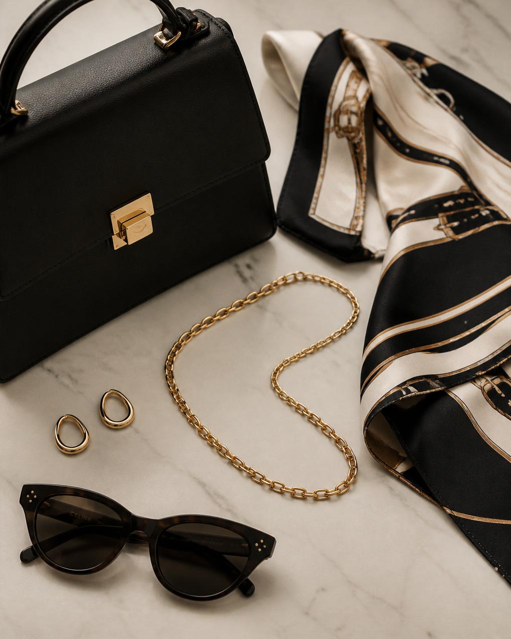 Luxury accessories flatlay with black leather handbag, gold chain, silk scarf, and sunglasses