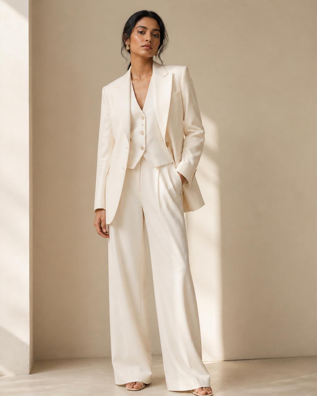 South Asian woman in an ivory tailored blazer and wide-leg trousers