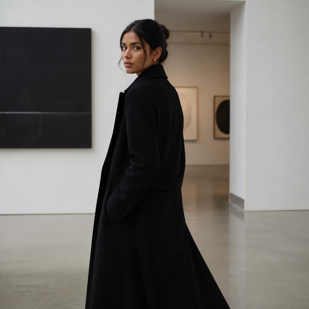 Latina woman in a long black cashmere coat in a minimalist white gallery space